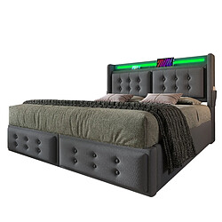 Lit Double 140x200 cm Modenvie avec LED USB et 4 tiroirs de rangement Gris pas cher