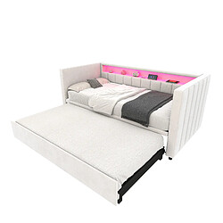Lit gigogne Modenvie 90x190 cm avec LED et USB-C en velours beige pas cher