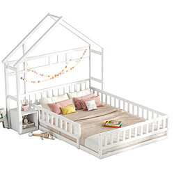 Lit Enfant Cabane 140x200 cm Modenvie avec barrière et chevet Blanc pas cher