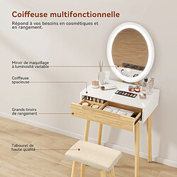 Acheter Coiffeuse - Puluomis - Miroir de maquillage LED - Tabouret de maquillage en bois - 1 grand tiroir - Naturel