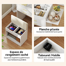 Coiffeuse - Puluomis - Miroir de maquillage - Plateau rabattable - Tabouret de maquillage avec rangement - 50x44.5x133cm - Blanc pas cher