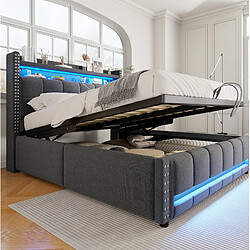 Avis MIVRAY Lit coffre adulte 140x200 cm lit double avec fond, LED, USB et rangement, lin, gris