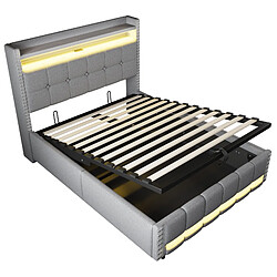 Acheter MIVRAY Lit coffre adulte 140x200 cm lit double avec fond, LED, USB et rangement, lin, gris clair