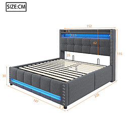 MIVRAY Lit coffre adulte 140x200 cm lit double avec fond, LED, USB et rangement, lin, gris pas cher