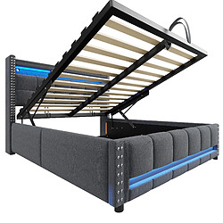 Acheter MIVRAY Lit coffre adulte 140x200 cm lit double avec fond, LED, USB et rangement, lin, gris