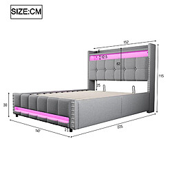 MIVRAY Lit coffre adulte 140x200 cm lit double avec fond, LED, USB et rangement, lin, gris clair pas cher