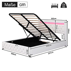 MIVRAY Lit coffre adulte 160x200 cm lit double avec rangement et LED, PU blanc pas cher
