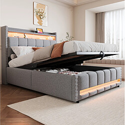 Avis MIVRAY Lit coffre adulte 140x200 cm lit double avec fond, LED, USB et rangement, lin, gris clair