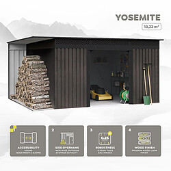Avis Wasabi Abri de Jardin Extérieur 13,2 m² Robin t1 – Finition effet bois premium – Range-bûches latéral – Portes coulissantes