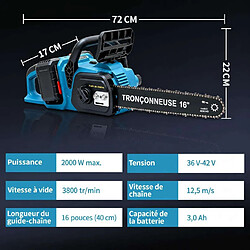 Generic Home Tronçonneuse sans fil 36 V équipée d'un moteur brushless de 2000 W et d'un guide de 40 cm. Fournie avec deux batteries lithium 21 V 3,0 Ah, elle convient à pas cher