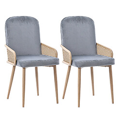STILVORA Lot de 2 chaises de salle à manger en velours gris, design rotin Lot de 2 chaises gris en velours avec accoudoirs, détails en rotin PE et pieds métal effet bois