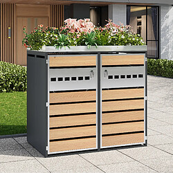 Avis STILVORA Cache-poubelles double acier galvanisé gris décor bois avec bacs à plantes