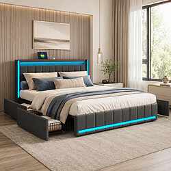 Acheter MEXUS Lit Double 140x190 cm avec LED et USB, 4 Tiroirs, Lit adulte de Tiroir, Lin, Gris Foncé