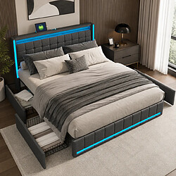 Avis MEXUS Lit Double 140x190 cm avec LED et USB, 4 Tiroirs, Lit adulte de Tiroir, Lin, Gris Foncé