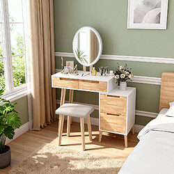 Coiffeuse-Puluomis--Miroir ovale LED 3 modes, caisson mobile,4 tiroirs,tabouret rembourré-Blanc pas cher