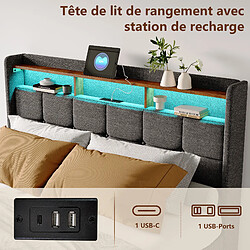 Lit 180x200 Sommier LED et 2 USB, Type-C, Lit Capitonné Lit Double avec 4 Tiroirs, Lin, Gris pas cher