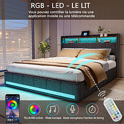 Acheter Lit 180x200 Sommier LED et 2 USB, Type-C, Lit Capitonné Lit Double avec 4 Tiroirs, Lin, Gris