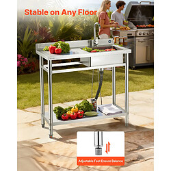 VEVOR SS100-2 - 100x50x94 cm - Inox - Cuve unique - Robinet 360° - Tablette réglable pas cher