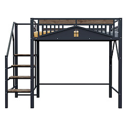 modfu Lit mezzanine 140x200 cm noir avec bureau et rangement Lit mezzanine métal 140x200 cm noir, avec bureau intégré, rangement et échelle de sécurité