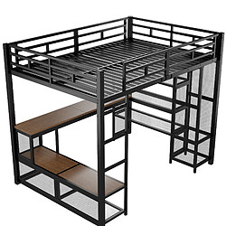 modfu Lit mezzanine 140x200 cm noir avec bureau, rangement et LED pas cher