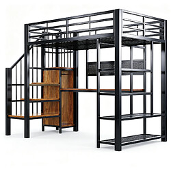 modfu Lit mezzanine 90x200 cm noir avec bureau, LED et prise pas cher