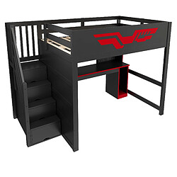 Acheter modfu Lit mezzanine gaming 140x200 cm avec bureau, LED, USB, noir/rouge
