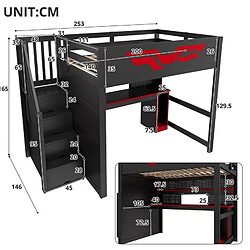 Avis modfu Lit mezzanine gaming 140x200 cm avec bureau, LED, USB, noir/rouge