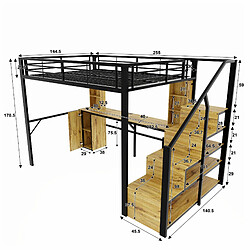 Avis modfu Hochbett métal 140x200 noir avec bureau, rangement et USB
