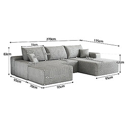 Avis OKWISH Canapé panoramique 4 places 270 cm en velours côtelé gris