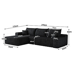 Acheter OKWISH Canapé d'angle 3 places en velours côtelé noir 270 cm