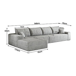Acheter OKWISH Canapé d'angle 4 places 340 cm en velours côtelé gris