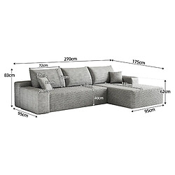 Acheter OKWISH Canapé d'angle 3 places 270 cm en velours côtelé gris