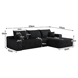 Acheter OKWISH Canapé d'angle droit 3 places noir en tissu côtelé 270 cm
