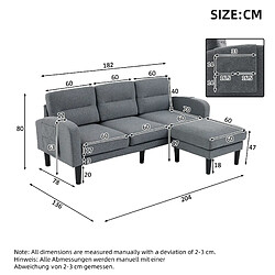 Avis OKWISH Canapé d'angle 3 places gris avec méridienne, 204 x 136 x 80 cm