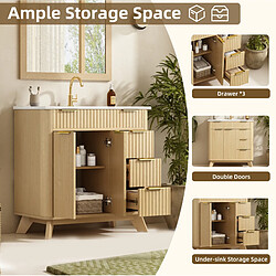 Avis OKWISH Meuble vasque au sol 81 cm, bois naturel, 3 tiroirs et 2 portes