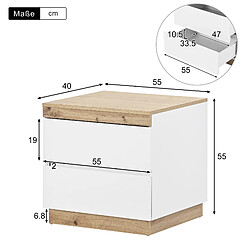 Acheter OKWISH Table de chevet 2 tiroirs, blanc et effet chêne, 55 x 40 x 55 cm