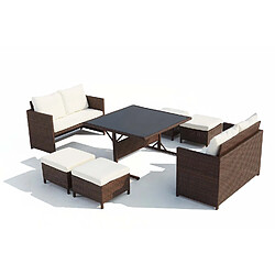 Salon De Jardin Florida 12 Personnes En Résine Tressée - 1 Table Verre + 8 Fauteuils + 4 Poufs + Coussins Beige - Encastrable