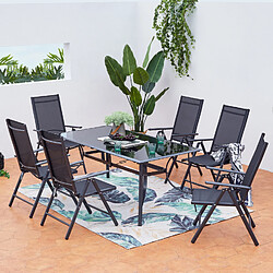 Concept Usine Rimini Salon de jardin 6 personnes - Aluminium noir - Fauteuils inclinables et pliables - Verre poli - 180 x 90 cm