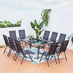 CONCEPT USINE Salon de jardin 10 personnes - Noir aluminium RIMINI Salon de jardin - Aluminium - Table en verre poli - Chaises inclinables - Noir