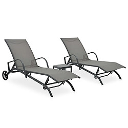 vidaXL Lot de 2 chaises longues avec table - Gris