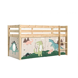 MES Lit surélevé 90x200 cm avec rideaux - Décor dinosaures