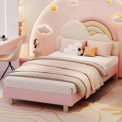 LBF Lit d'enfant rembourré Forme Nuage - Rose 90x200 cm Lit pour enfant - Design nuage arc-en-ciel - Rembourrage PU et MDF - Tête réglable - Sécurisé et stable