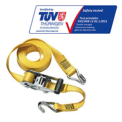 Master Lock 3058EURDAT Sangle d'Arrimage avec Crochets J et Cliquet, Jaune, 4,5m x 35mm Sangle