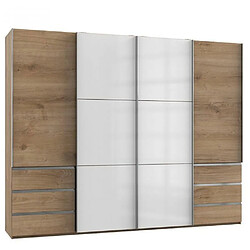 Inside 75 Armoire coulissante LISEA 4 portes 6 tiroirs chêne poutre verre blanc 300 x 236 cm HT 