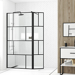 Aurlane Paroi de douche avec volet pivotant Paroi de douche à l’italienne - Volet pivotant - Sérigraphie noire - Aluminium noir mat