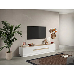 Vente-Unique Emora Meuble TV moderne - Blanc laqué, naturel - Design épuré - 204,7 x 43,2 x 39,8 cm