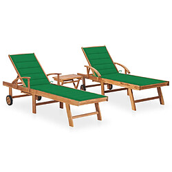 VidaXL Chaises Longues et Table - Lot de 2 - Teck Chaises longues en bois de teck solide - Dossier et repose-pied réglables - Table d'appoint incluse - Coussins verts