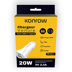 Konrow Adaptateur Allume-Cigare - Blanc Chargeur voiture - Ports USB-A et Type-C - Charge rapide 20W - Voltage universel