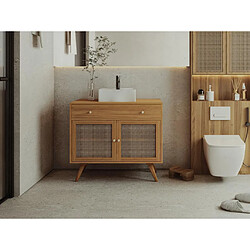 Vente-Unique Meuble de salle de bain en teck clair et cannage avec vasque en céramique - 90 cm - MANSULAN