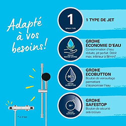 Acheter Ensemble de douche avec mitigeur thermostatique, pommeau 1 jet, barre 60cm et flexible - GROHE 34800001 - Economie d'eau - Chromé